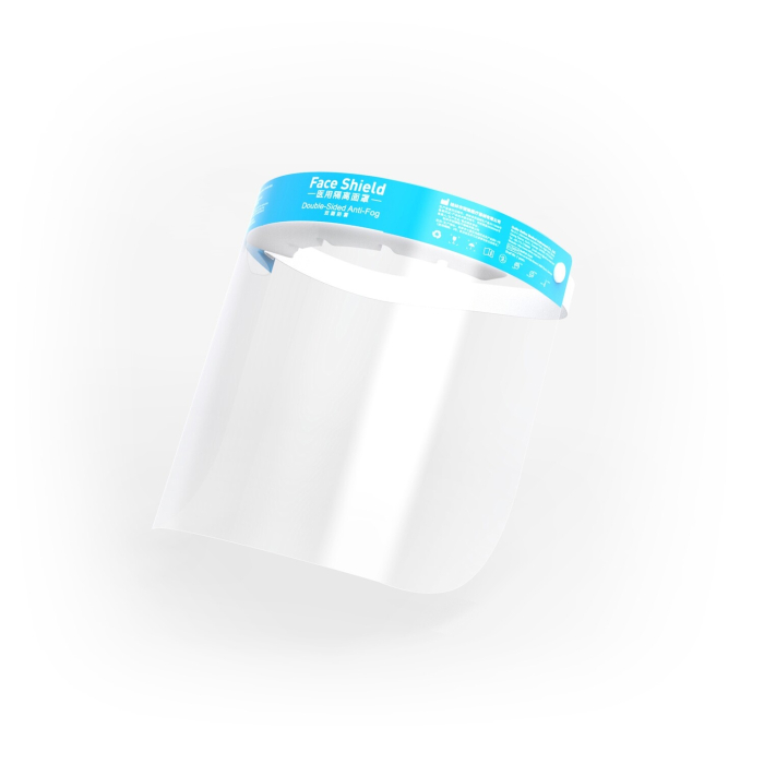 L'Écran facial est un écran facial en plastique transparent doté d'un bandeau frontal bleu portant l'inscription "Écran facial" avec un texte supplémentaire, conçu pour un usage protecteur. Il est présenté sur un fond blanc.