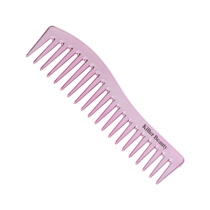 Le « Grand peigne métallique Killer Beauty - Rose » est un peigne rose à dents larges avec le logo Killer Beauty sur le manche, sur fond blanc.