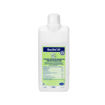 Un flacon blanc de 1000 ml de Bacillol AF Désinfectant de Surface avec une étiquette bleue et verte indiquant les informations sur le produit et les instructions d'utilisation, surmonté d'un bouchon blanc à clapet.