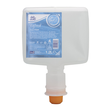 Désinfectant à base d'alcool Deb Stoko Refresh Clear Foam Soap Cartouche 1,2 L, flacon rectangulaire transparent avec étiquette bleue, embout de distribution orange et bouchon blanc, présenté verticalement avec étiquette visible.