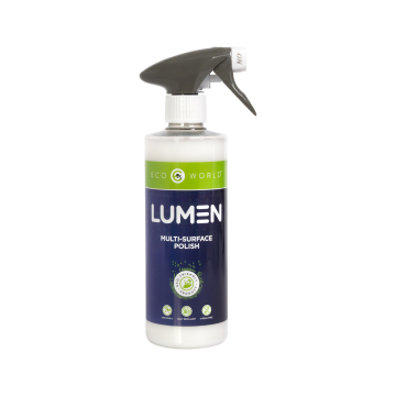 Un flacon pulvérisateur de 500 ml de Polissage Multi-Surface Eco World Lumen, prêt à l'emploi, avec une buse à gâchette noire et une étiquette bleu-vert, présenté sur un fond blanc.
