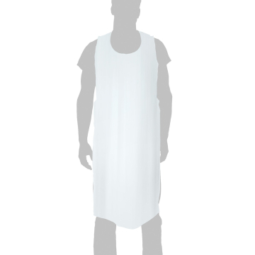 Silhouette d'une personne portant la boîte de 100 tabliers jetables imperméables Killer Beauty : tabliers blancs unis, sans manches, longs jusqu'aux genoux, sur fond blanc.