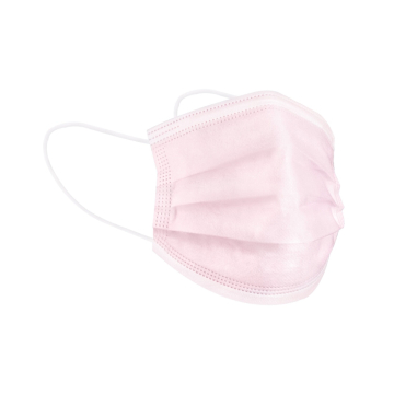Boîte de 50 masques jetables Killer Beauty rose pâle avec boucles auriculaires blanches, plissés permettre l'expansion et assurer une couverture complète, présentés sur fond blanc.