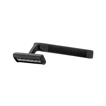 Paquet de 100 rasoirs jetables Saferly à deux lames de couleur noire, chacun doté d'un manche droit nervuré, présenté sur fond blanc.