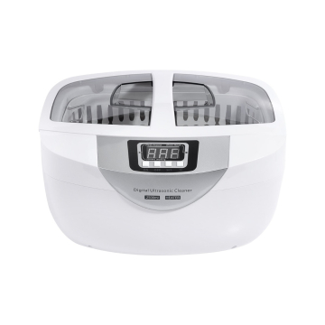 Le nettoyeur ultrasonique 2,5 L (EU Lead) est un appareil numérique blanc avec couvercle transparent, boutons de commande en façade, affichage numérique et panier amovible pour les objets à nettoyer.