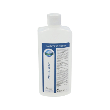 Un flacon blanc de désinfectant pour les mains Unigloves, avec une étiquette bleue et une buse de pulvérisation rouge, est positionné de biais pour montrer la marque et les détails du produit.