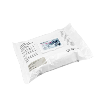 Un paquet scellé de 80 lingettes Unigloves Wet Wipes Plus, sans alcool ni aldéhyde (250 x 250 mm), avec un rabat en plastique refermable, présenté sur fond blanc.