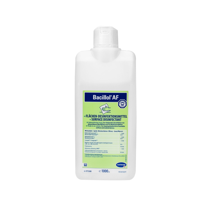 Un flacon blanc de 1000 ml de Bacillol AF Désinfectant de Surface avec une étiquette bleue et verte indiquant les informations sur le produit et les instructions d'utilisation, surmonté d'un bouchon blanc à clapet.
