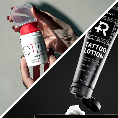 Gros plan sur Otzi et la lotion Recovery Tattoo Lotion