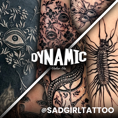 Un collage de tatouages cicatrisés réalisés avec Dynamic Tattoo Ink par Sad Girl Tattoo (Jasper Jarvis)