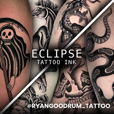 Un collage de tatouages cicatrisés réalisés avec Eclipse Tattoo Ink par Ryan Goodrum