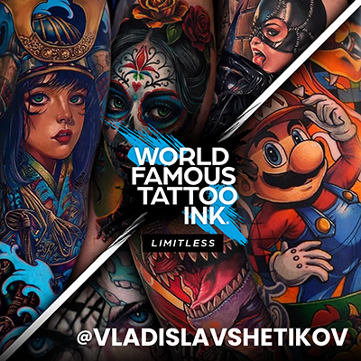 Un collage de tatouages cicatrisés réalisés avec World Famous Tattoo Ink par Vladislav Shetikov