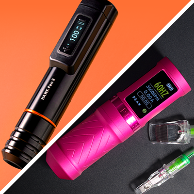 Une image divisée montrant un Cheyenne HAWK Pen 2 noir sur un fond orange, ainsi qu’une machine Peak Solice Pro 3 rose avec une cartouche placée à côté.