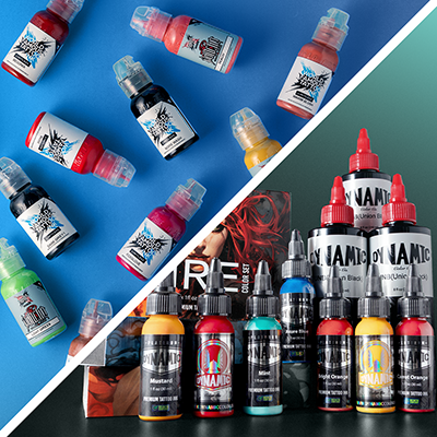 Flacons d’encres de tatouage World Famous Limitless et Dynamic sur un fond orange et bleu