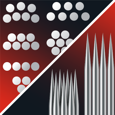 Une image divisée montrant les différentes configurations d’aiguilles de tatouage, ainsi qu’un gros plan de quelques-unes de ces configurations.