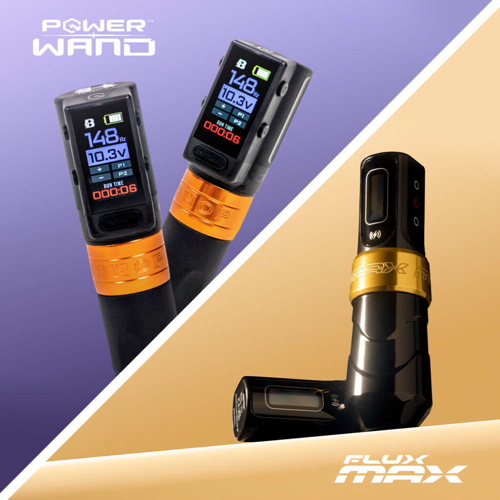 La machine à tatouer Bishop Power Wand avec un fond violet et la machine à tatouer FK Irons Flux Max avec un fond doré.