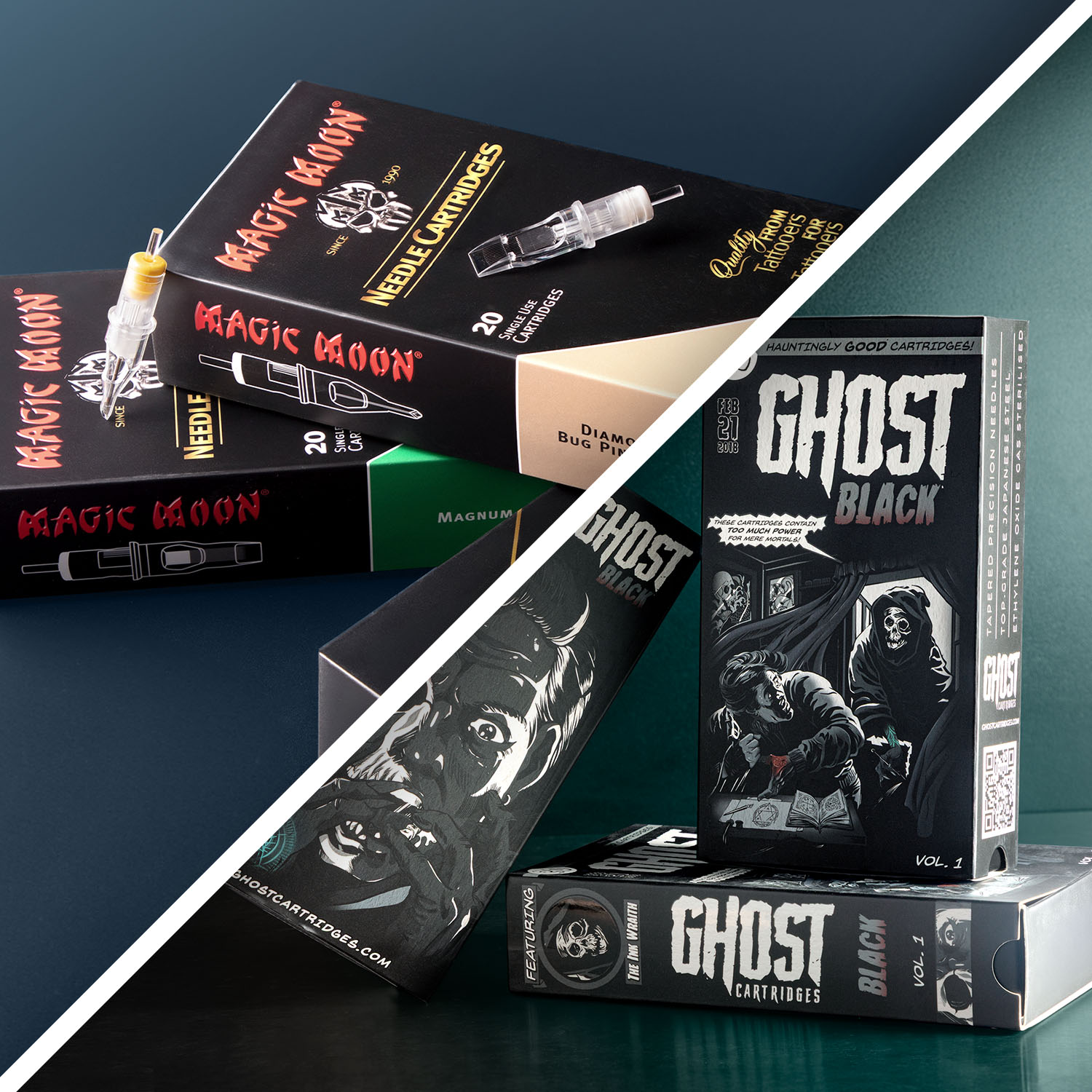 Des boîtes de cartouches Magic Moon et Ghost empilées les unes sur les autres
