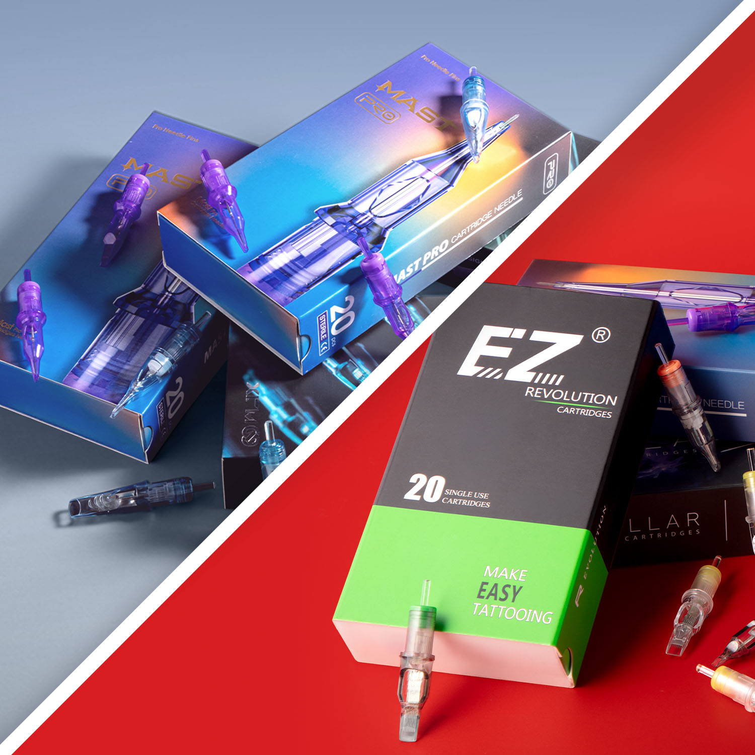 Des boîtes de cartouches Dragonhawk Mast Pro et EZ Revolution empilées les unes sur les autres