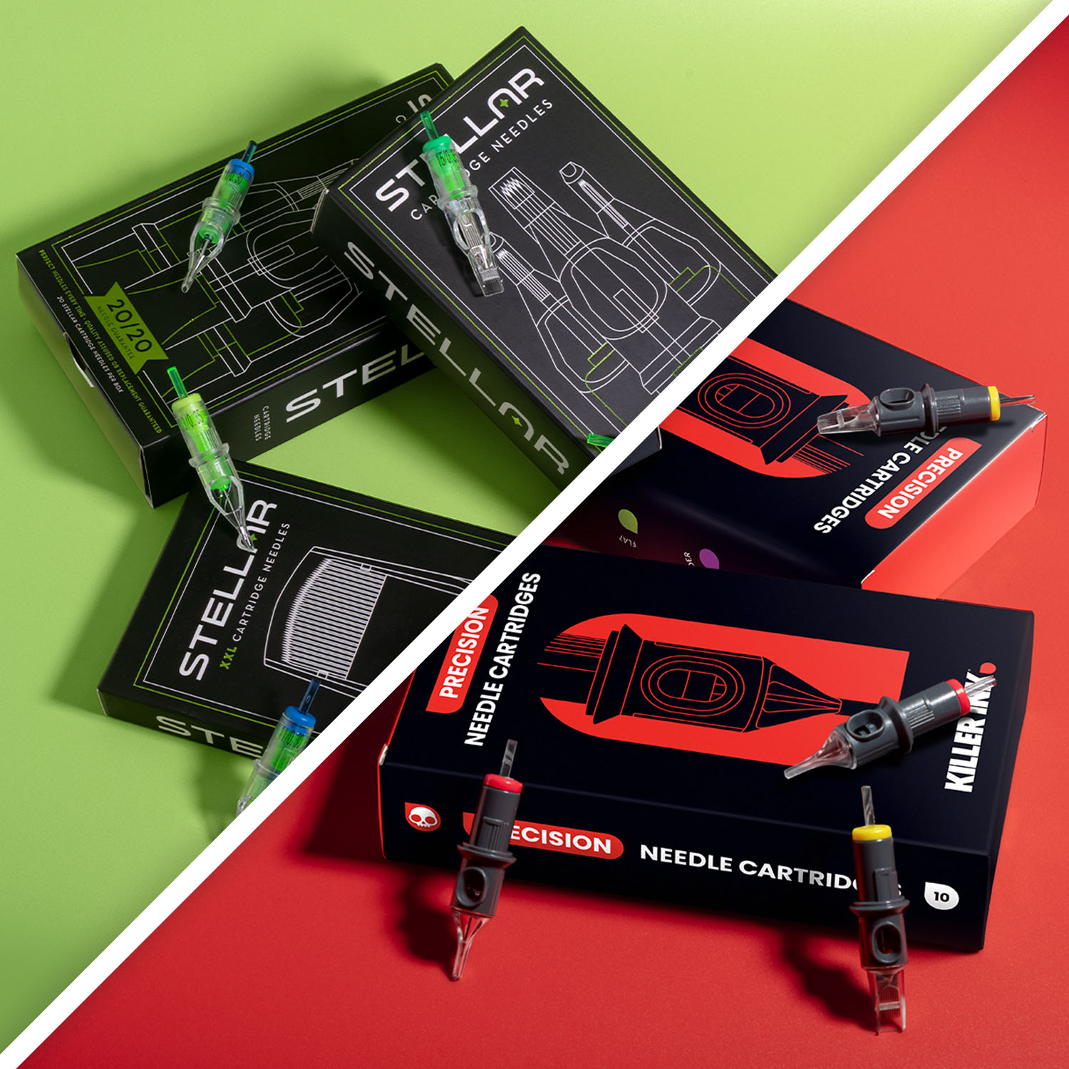 Des boîtes de cartouches Peak Stellar et Killer Ink empilées les unes sur les autres