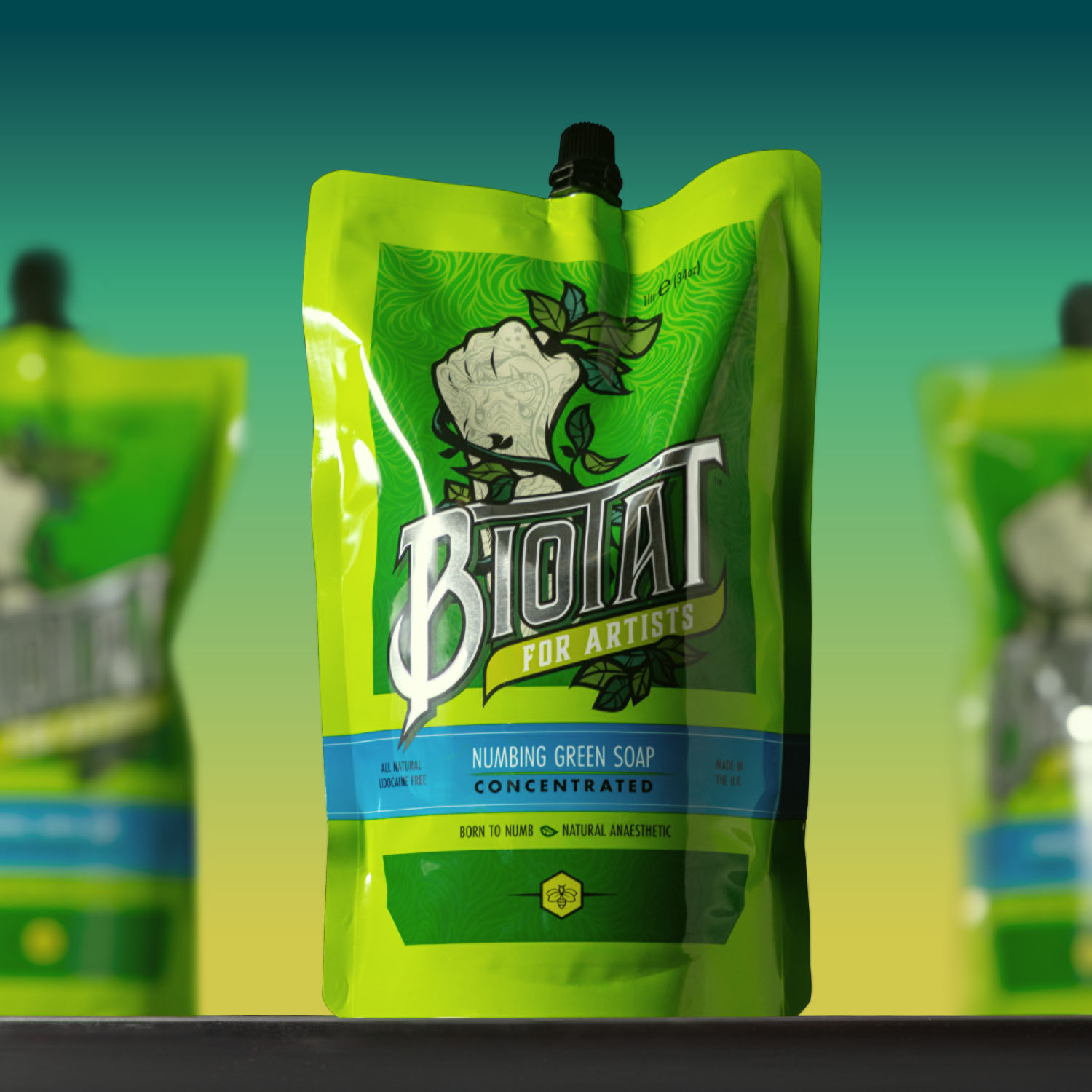 Gros plan sur le savon vert anesthésiant Biotat